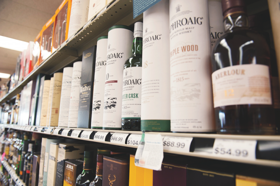 Spirits (Scotch whisky offerings pictured) account for 43 percent of overall sales at Cap n’ Cork.