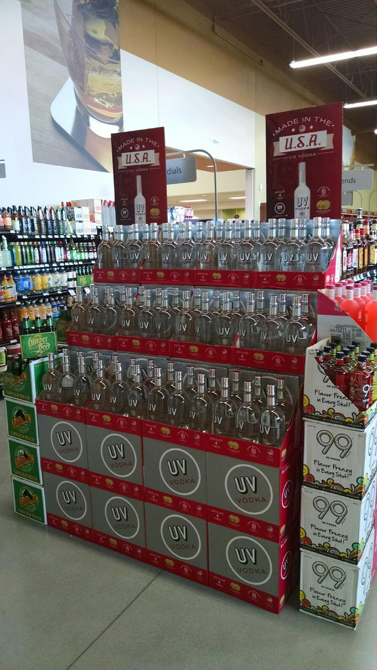 UV vodka proudly touts that it’s “Made in the USA” on in-store displays. The brand’s strongest sales occur in the off-premise.