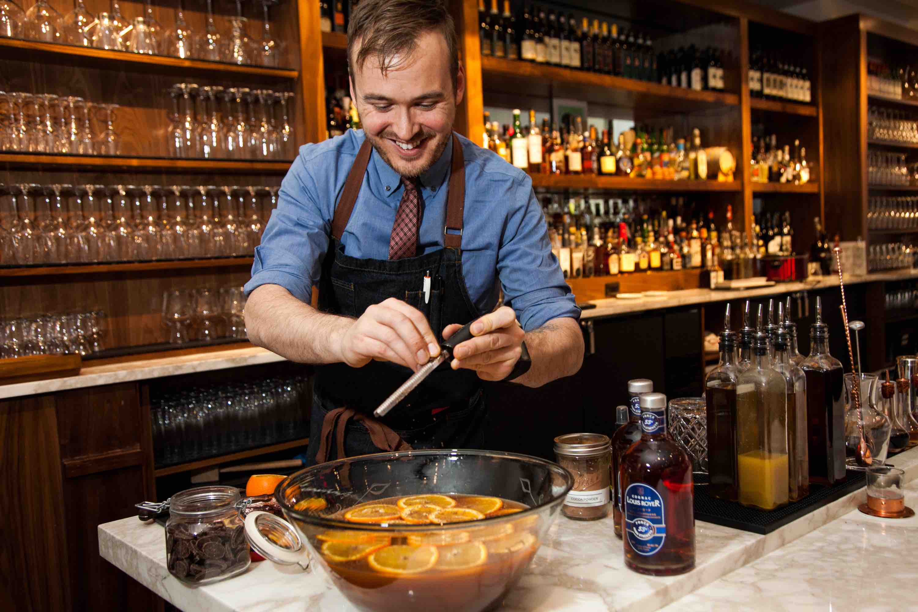 At New York City’s Da Claudio, Jason Cousins offers the Riley’s Punch, made with Cognac and Earl Grey tea.