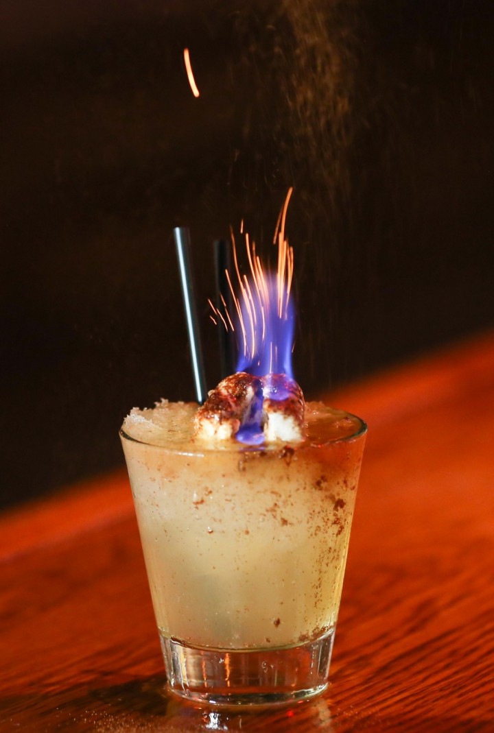 North Hollywood, California’s Tiki No bar garnishes the Toasted Marshmallow cocktail with a flaming marshmallow.