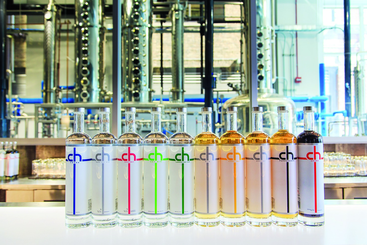 CH Distillery (spirits pictured) produces vodka, gin, amaro and Bourbon. The distillery sources the grain for its spirits from farms just 50 miles away.