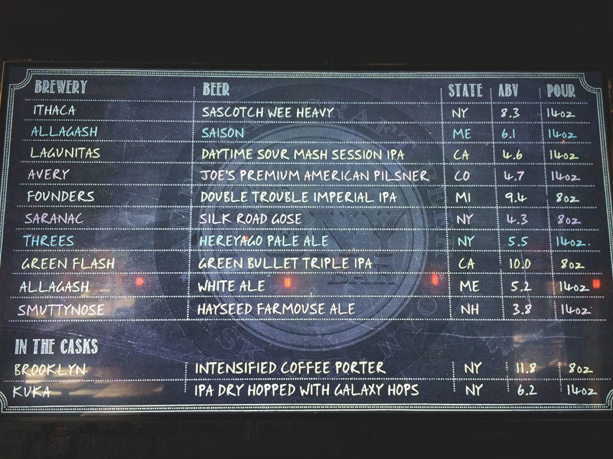 At New York City’s two-unit Pony Bar, an electronic menu board displays each beer available on tap and includes such information as style, state of origin and alcohol-by-volume.