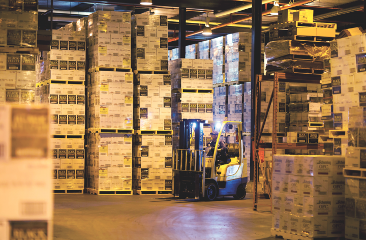 Pallets of Constellation Brands’ Black Velvet Canadian whisky await transport in a plant in Lethbridge, Alberta. Black Velvet is the No.-2 Canadian whisky brand, with volume at 2 million cases.