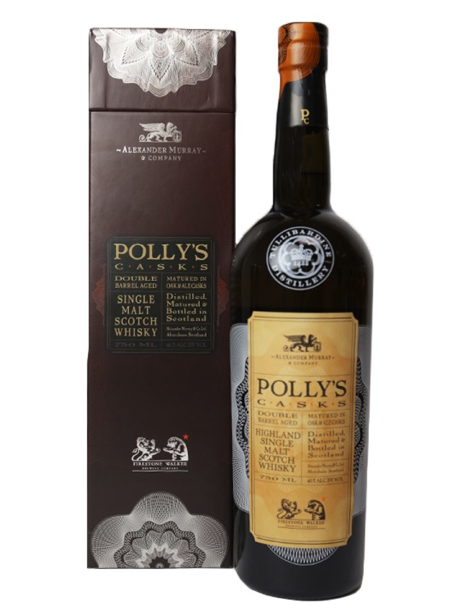 The new Polly's Casks brand features Tullibardine single malt Scotch whisky finished in Firestone Walker beer barrels.