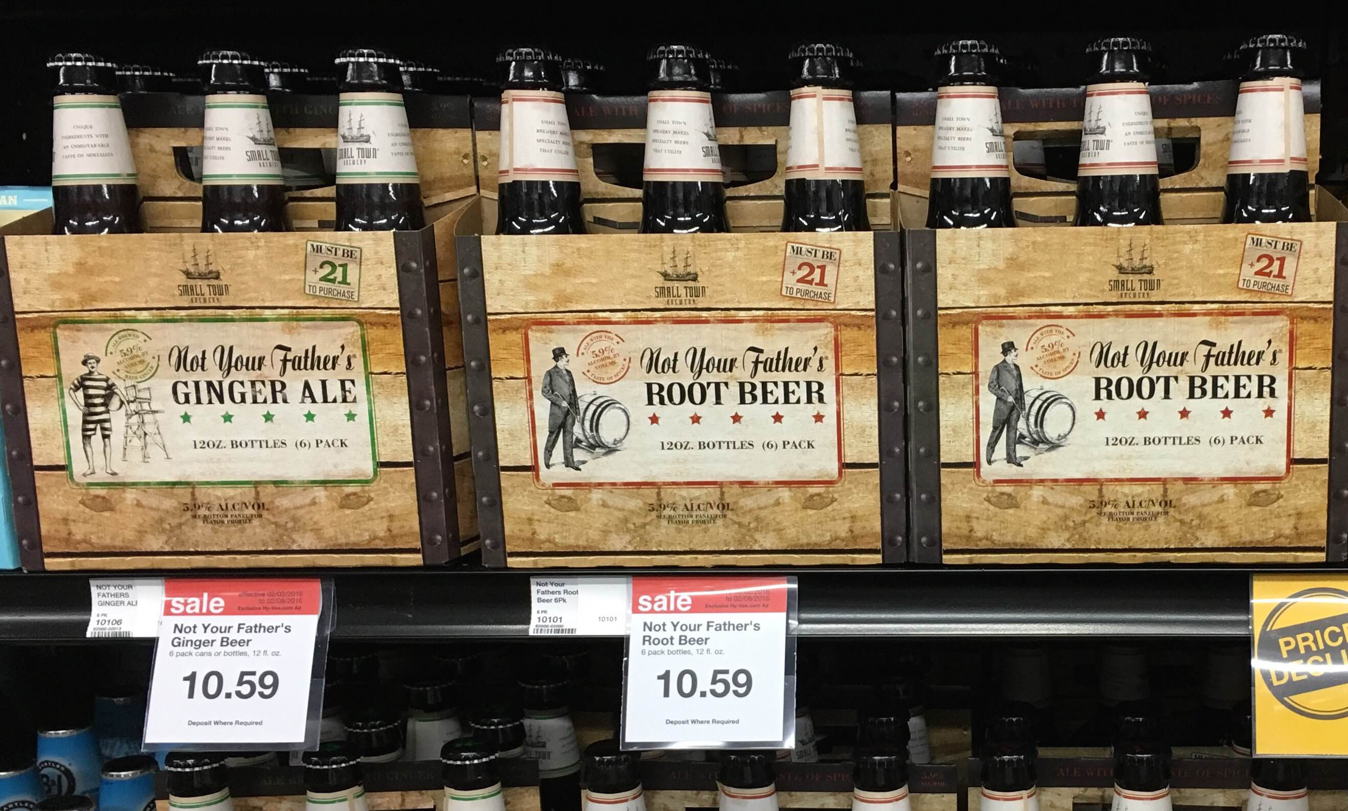 Consumers are flocking to hard sodas, and retailers like Hy-Vee (shelves pictured) have responded by stocking an ever-growing array of brands and flavors, though Not Your Father's Root Beer remains popular.