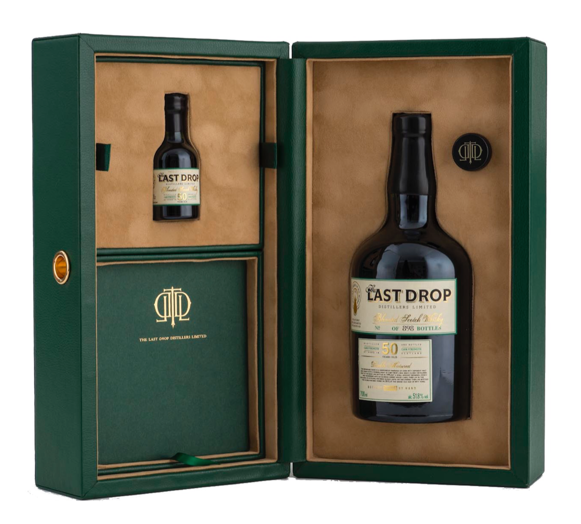 Like all Last Drop packages, the recently released 50-year-old Double Matured blended Scotch whisky includes a 50-ml. miniature bottle.