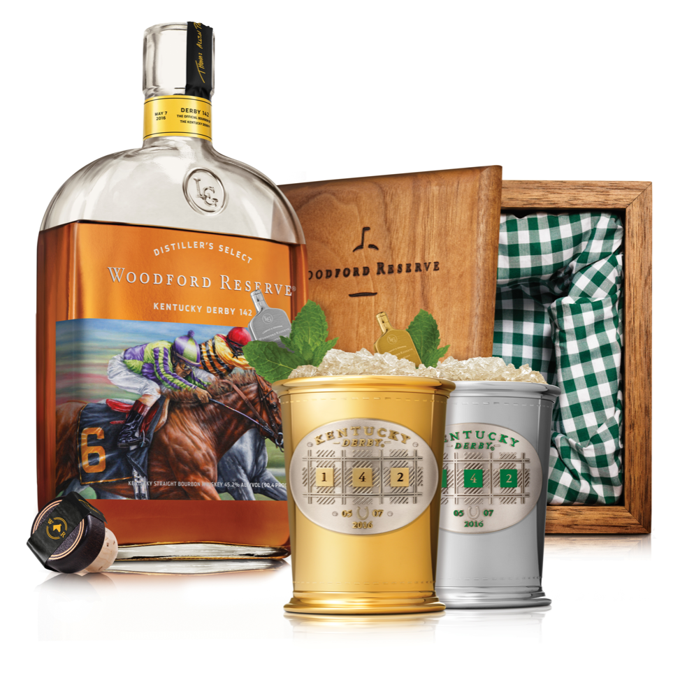 Woodford Reserve is honoring the 2016 Kentucky Derby with commemorative Mint Julep cups and a bottle features a painting by artist Thomas Allen Pauly.