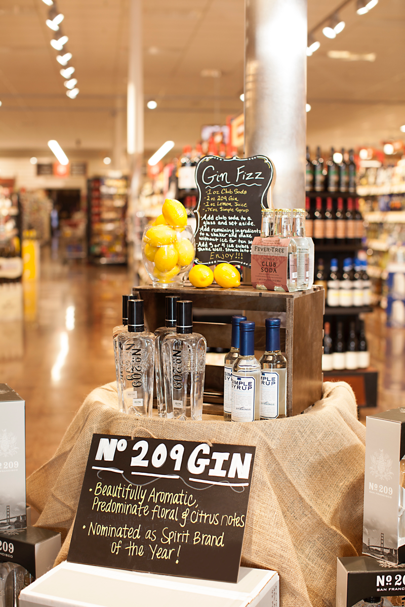 Craft spirits like San Francisco’s No. 209 gin sell well in cocktail-focused displays.