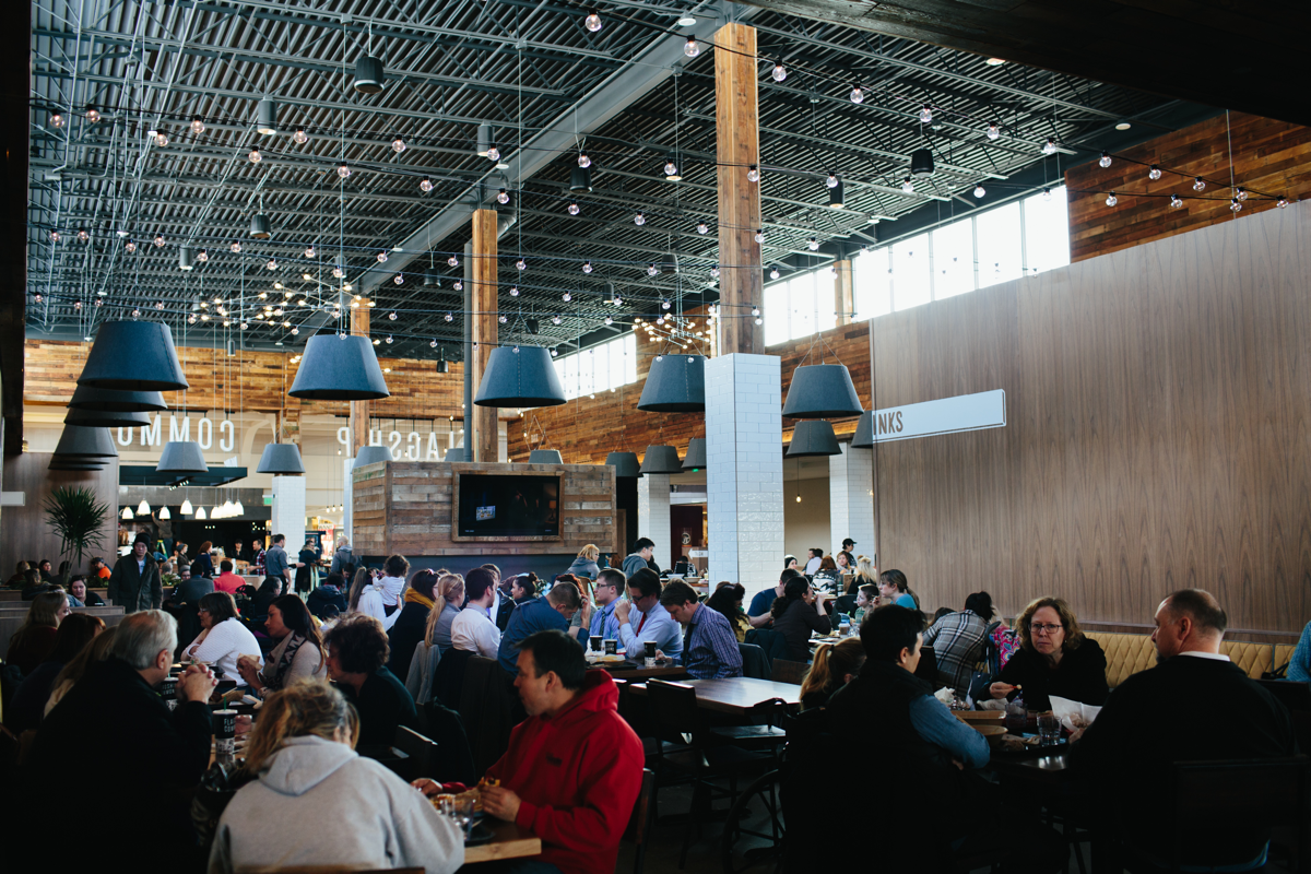 Food halls like Flagship Commons (pictured) in Omaha, Nebraska, have become trendy destinations for dining and drinking.