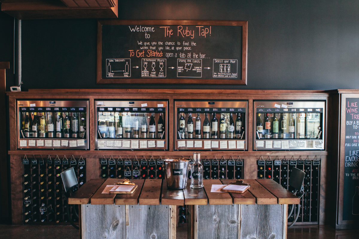 The Ruby Tap (Wauwatosa, Wisconsin, unit pictured) offers wines in three preset sizes. Customers can use a prepaid option when sampling or go for an open tab, using a card to track their pours.