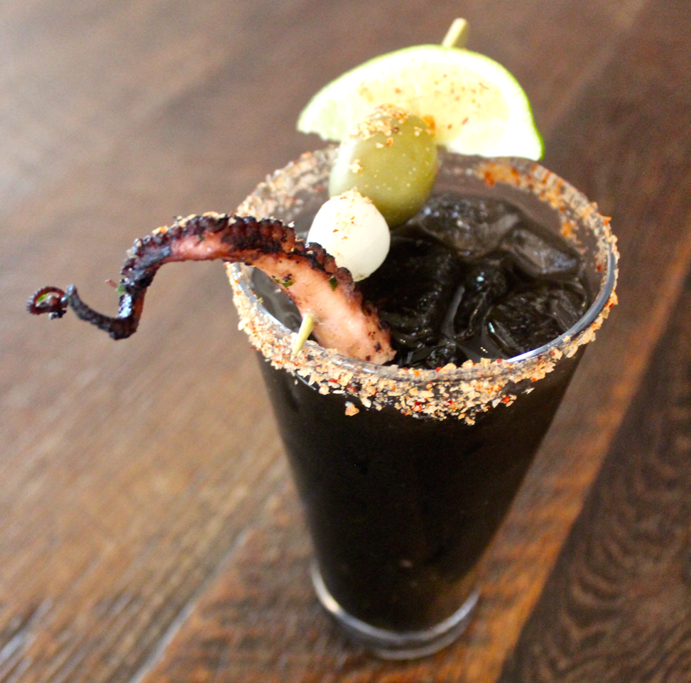 Squid ink can create a wow factor in cocktails. At Del Campo in Washington, D.C., the Pantera (pictured) includes Pisco, tomato juice, Bloody Mary mix and squid ink, among other ingredients.