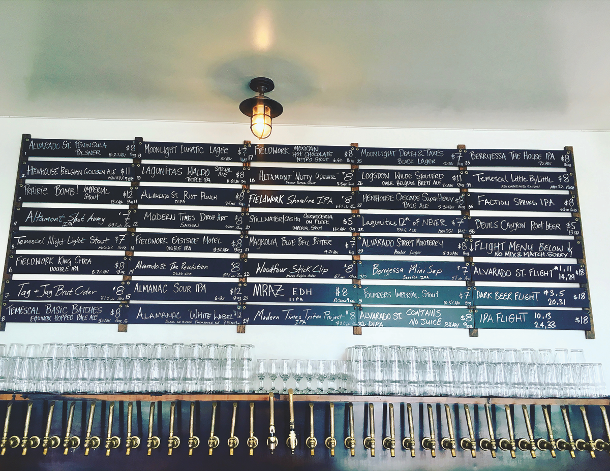 The Crafty Fox Alehouse in San Francisco features a carefully crafted draft menu of 36 beers, ranging from IPAs and barrel-aged brews to Pilsners and pale ales (Crafty Fox drafts pictured).