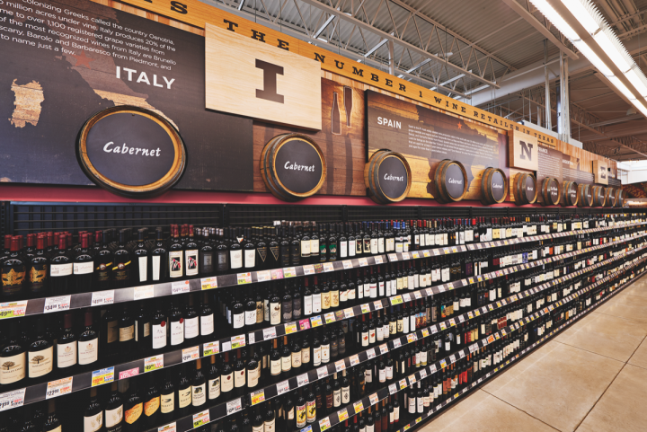 Cabernet Sauvignon leads wine sales at H-E-B (Cabernet shelves pictured), though Chardonnay follows up as a close second.