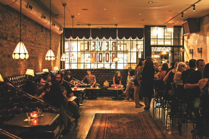 Located in Chicago's Wicker Park, Revel Room specializes in craft cocktails and features a variety of international spirits.