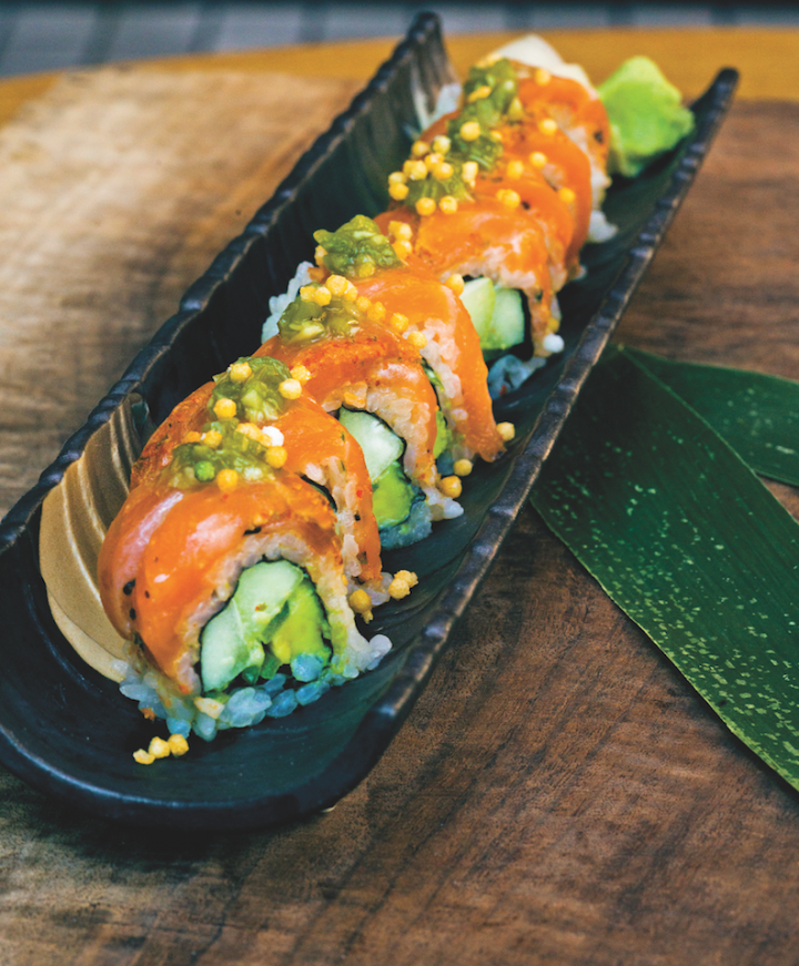 The Gensai Roll at Sushi Roku is made up of seared togarashi salmon, kizami wasabi, and avocado.