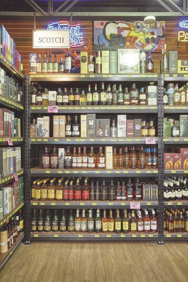 Spirits (whisk(e)y shelf pictured) make up the brunt of sales at Jensen's, with Bourbon, Japanese single malts, and single barrel selections driving sales. High-end craft labels are popular with consumers.