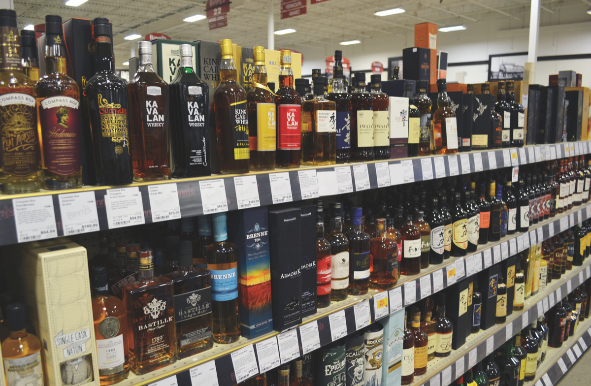 World whiskies are booming at Binny's Beverage Depot in Chicago (shelf pictured). 