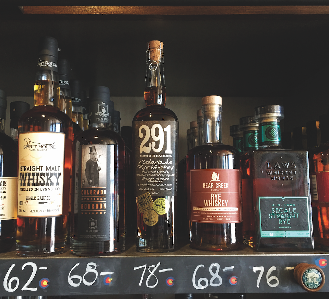 Colorado spirits are rising in prominence, both on- and off-premise. Bottle Shop 33 in Denver (shelf pictured) stocks over 100 Colorado spirits brands, and at least one of the top five offerings in every spirits category is from the state.