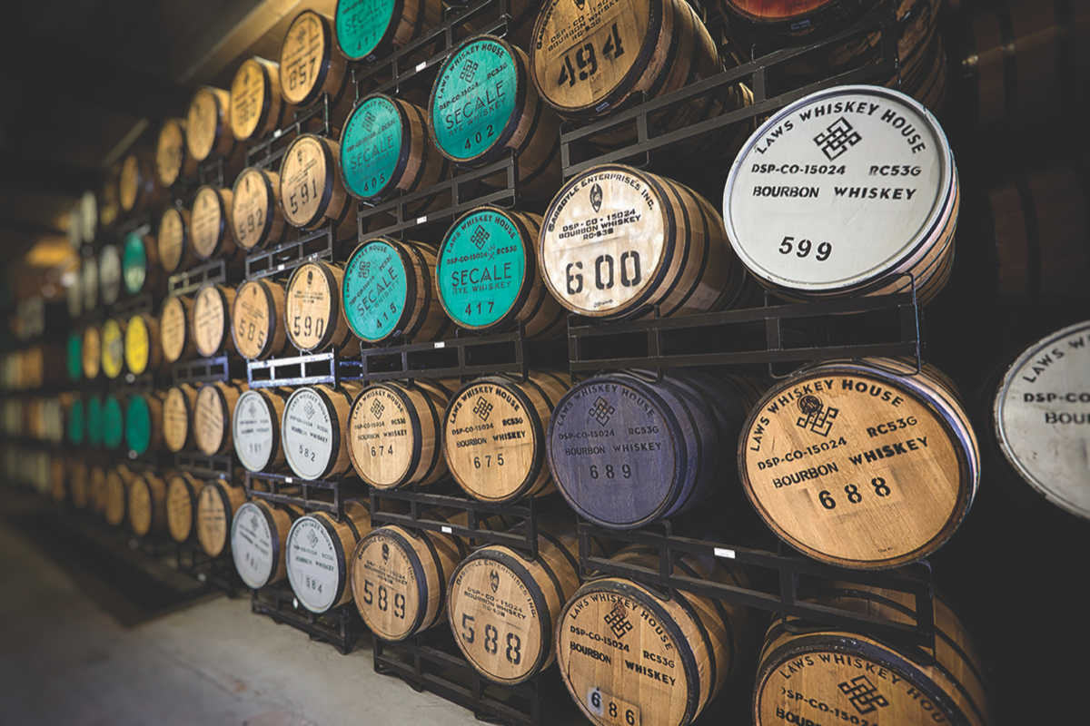 Today, there are more than 90 licensed distillers throughout Colorado, including Denver's A.D. Laws Whiskey House (rackhouse pictured).
