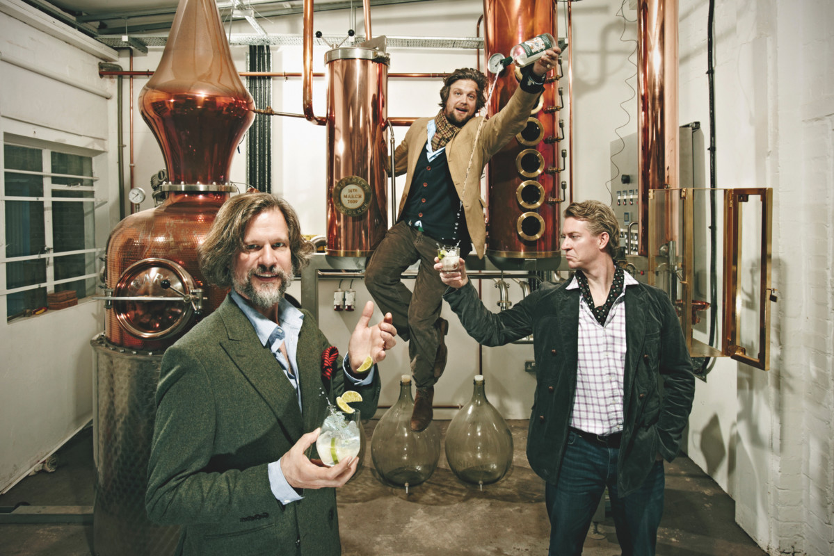At Sipsmith Distillery in London, founders (above, from left) Jared Brown, Sam Galsworthy, and Fairfax Hall have found success through their fresh approach to the gin category, which includes innovating on the basic Gin & Tonic formula.