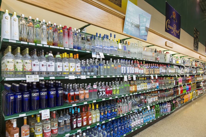 Vodka (shelf pictured) is the dominant spirits seller at Haskell's, with leading offerings including Tito's Handmade vodka.