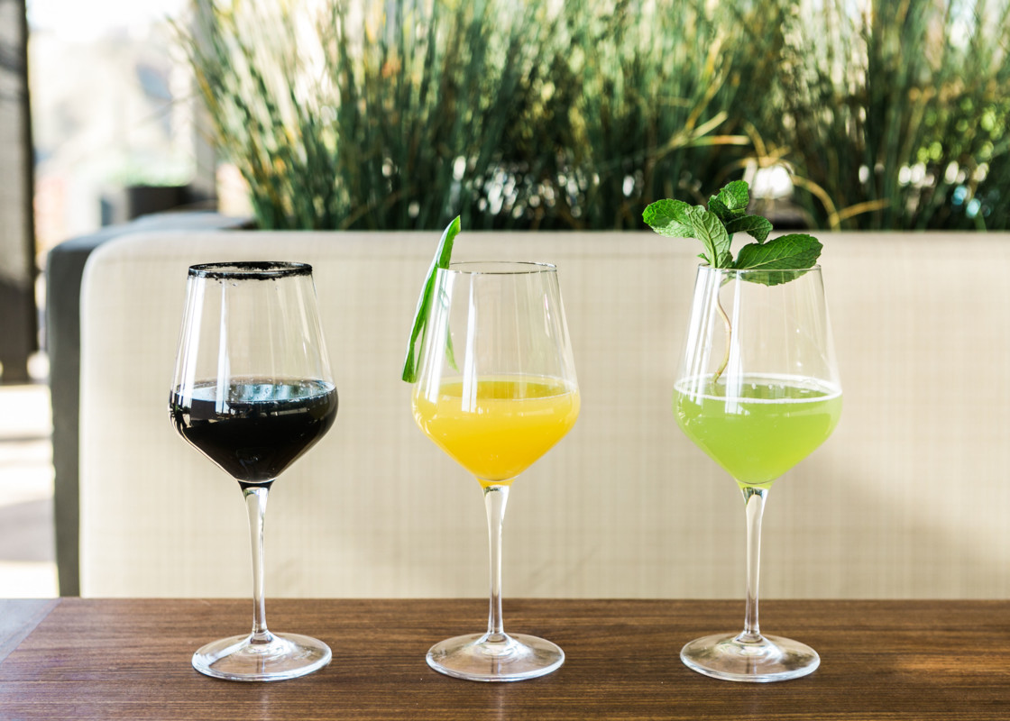 At Castaway in Los Angeles, drink offerings include mimosa variations like lavender-activated charcoal-lemonade, pineapple-jalapeño, and fresh cucumber and mint (pictured).