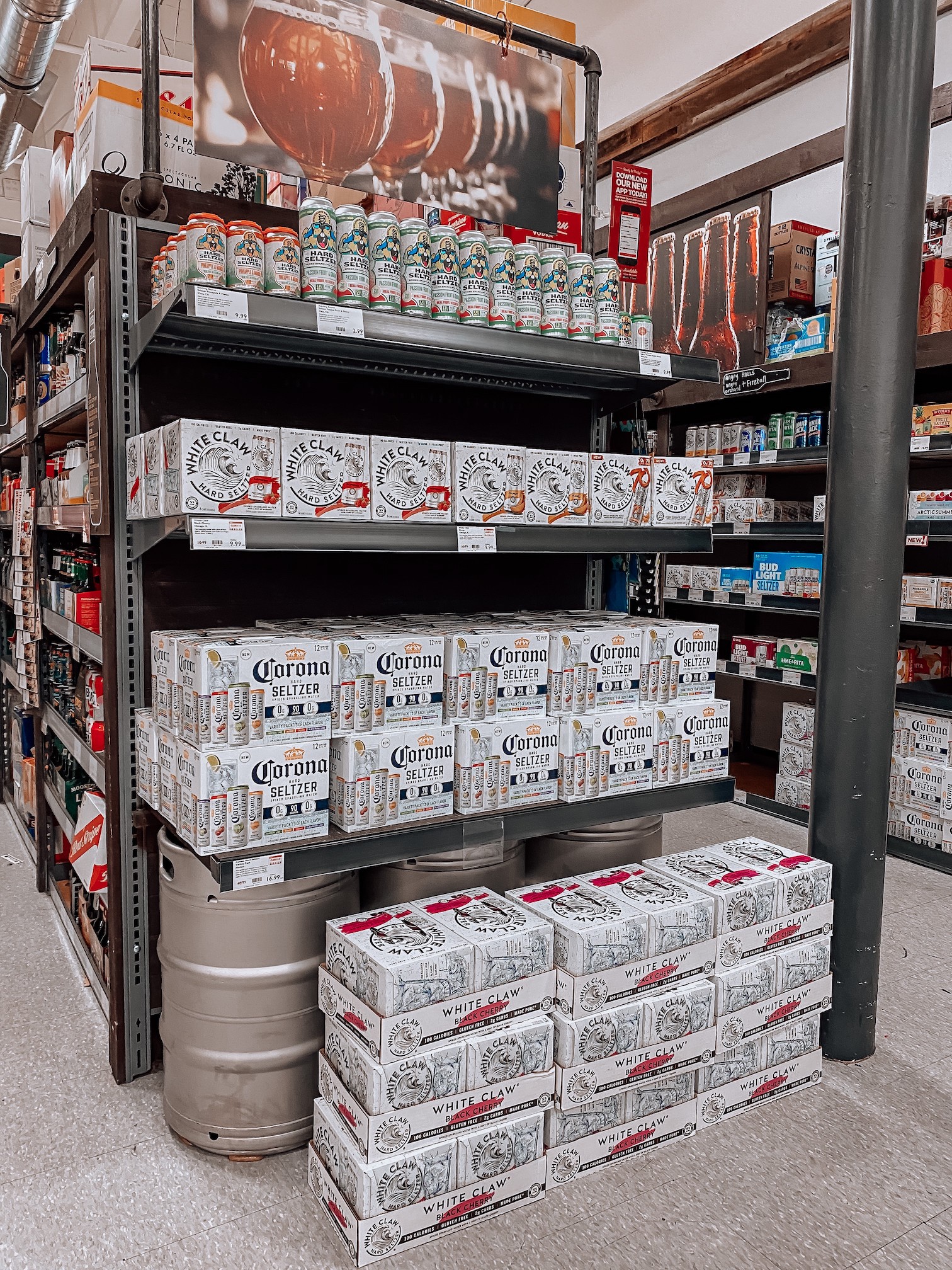 At BevMo, which has nearly 170 stores in California, Washington, and Arizona, consumers are gravitating toward hard seltzers (display pictured) because they are low in sugar, carbs, and calories.