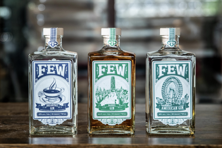 F.E.W. Spirits (gin lineup pictured) in Illinois has three gins in the U.S. market: Breakfast gin, Barrel gin, and American gin. According to Hletko, Breakfast gin is the distillery’s most successful expression because it’s light and approachable.