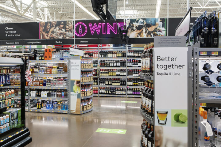 The Walmart retail chain (Branson, Missouri beverage alcohol store-within-a-store pictured)—the founder of the big-box movement—has recently expanded its wine, spirits, and beer selections to include premium and craft offerings, with a focus on discount prices.