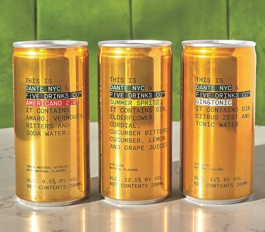 To stand out in a crowded category, Five Drinks Co. (Dante NYC partnership lineup pictured) adds a twist to its canned offerings, such as including tamarind in its Moscow Mule and hibiscus and habanero agave nectar in its Margarita.