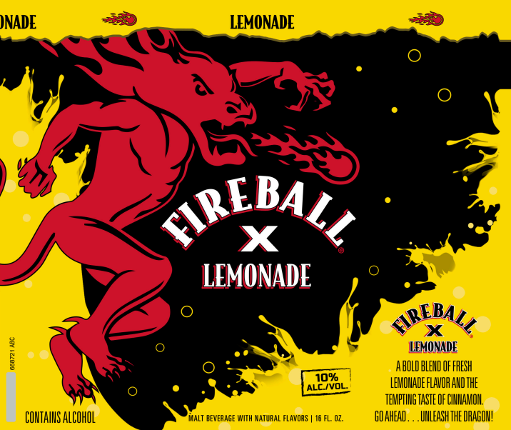 Sazerac Co.'s Fireball brand is launching Fireball X Lemonade (label render pictured) in Pennsylvania this fall. 