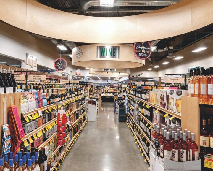 Stores carry a varied amount of wine (aisle pictured), from 500 to 3,000 SKUs. Popular labels across the Albertsons companies include Josh Cabernet Sauvignon, La Marca Prosecco, and Kendall-Jackson Vintners Reserve Chardonnay. The company is also focused on its private label wines, Mann says.