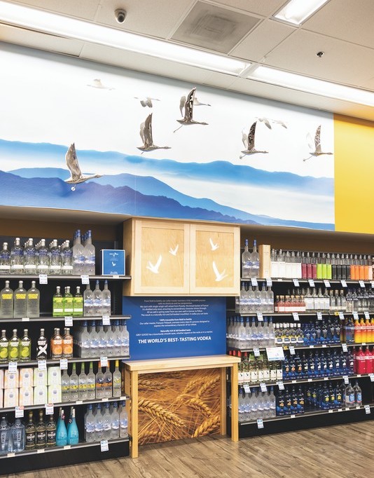 Making up 35% of sales, spirits are a fast-growing category for Top Ten. Svedka vodka is the company’s top-selling spirit (vodka shelves pictured), and executives for the chain note that spirits brands are seeing success—especially compared to wine—thanks to celebrity endorsements.