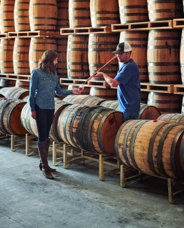 Frey Ranch distills 363 days a year, producing straight Bourbon year-round, Bottled in Bond straight rye in December, and the specialty single grain series in January. The Freys don’t bottle any liquid until it’s been in barrels for at least five years (barrel house sampling pictured).