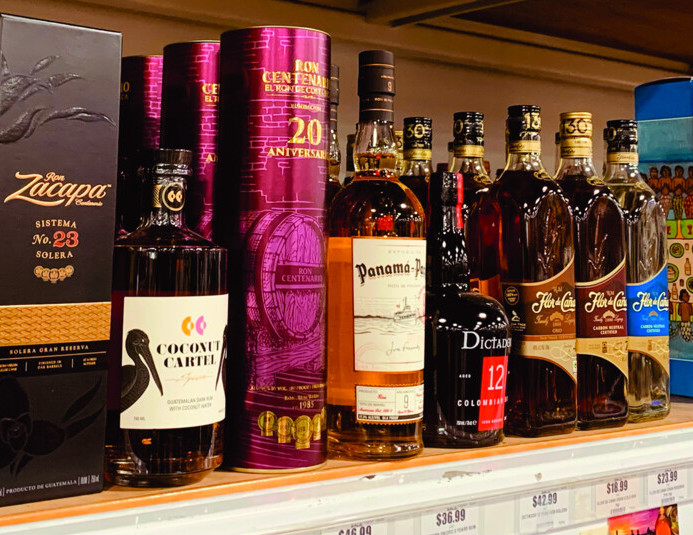 At Buy-Rite Wine & Liquor in Jersey City, New Jersey, rums (shelf pictured) in the $59-$99 segment are seeing success with a small number of serious, well-informed consumers. Other top sellers include Bacardi expressions, El Dorado, and Diplomático.