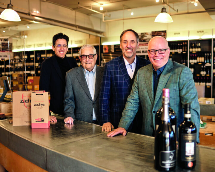 Zachys is a family affair. Currently involved in the business—which was founded by Zachy Zacharia in 1944—are (from left) wine buyer Tom Zacharia, chairman emeritus Don Zacharia, CEO Jeff Zacharia, and president Andrew McMurray, who is Jeff’s brother-in-law.