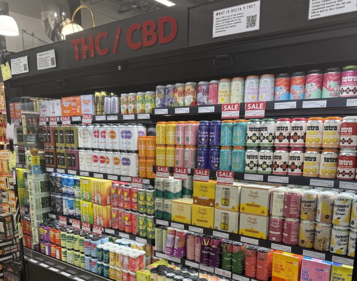 Surdyk’s Liquor & Cheese Shop in Minneapolis carries 212 THC drinks (cooler pictured), such as Trail Magic Half & Half 10mg THC and Indeed Double High Fiver Pink Burst 10mg THC 10mg CBD.