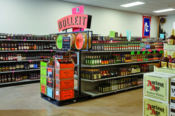 Whisk(e)y is the top-performing category at Town & Country. The store sees great success with Bourbons (shelves and display pictured) and boasts a large private-barrel program with exclusive labels from the likes of Bulleit, Four Roses, and Wilderness Trail, among others.