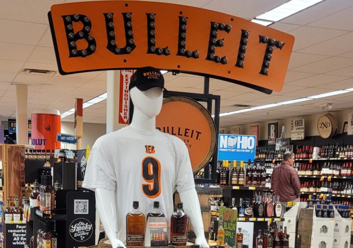 At The Party Source in Bellevue, Kentucky, demand is down for No.-1 segment Bourbon (display pictured) compared to last year.