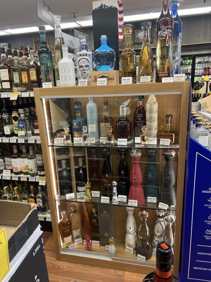 Tequila (display pictured) is holding strong despited decreased spirits sales at Royal Wine and Spirits in San Jose, California.