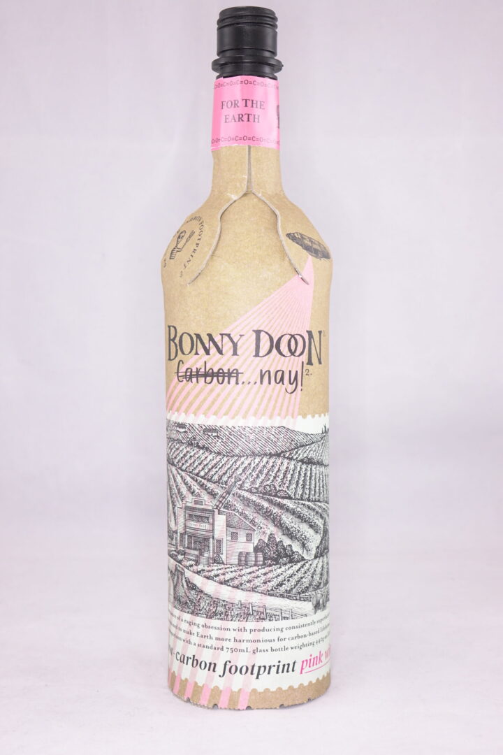Bonny Doon Vineyard’s Carbon…Nay! wine (pictured) is packaged in a 750-ml. paper bottle that uses a PET pouch to hold the Central Coast pink wine blend.