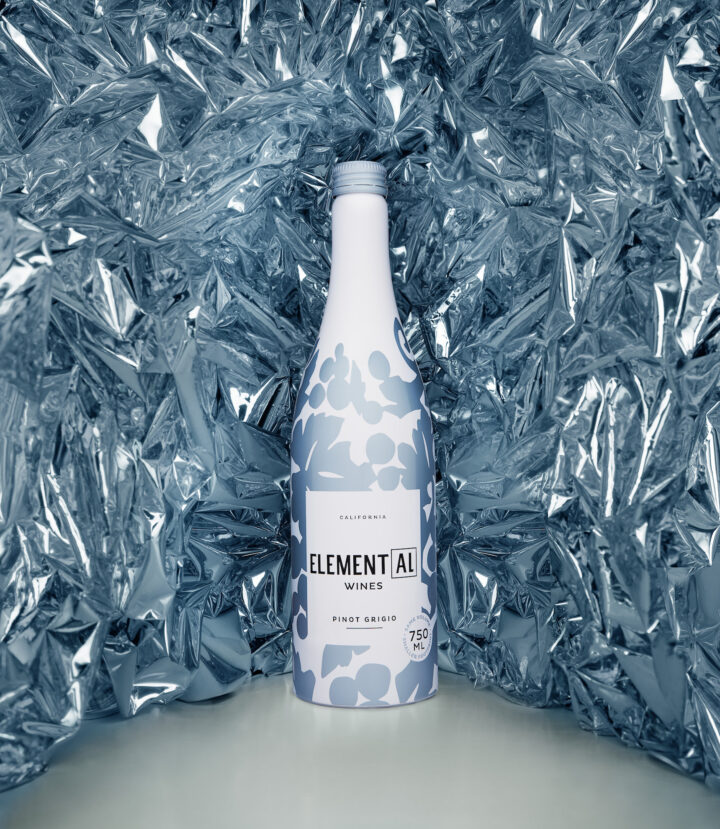 The updated aluminum packaging for Element[AL] wines looks just like a traditional 750-ml. bottle, but it’s lightweight, infinitely recyclable, and more functional than traditional glass.