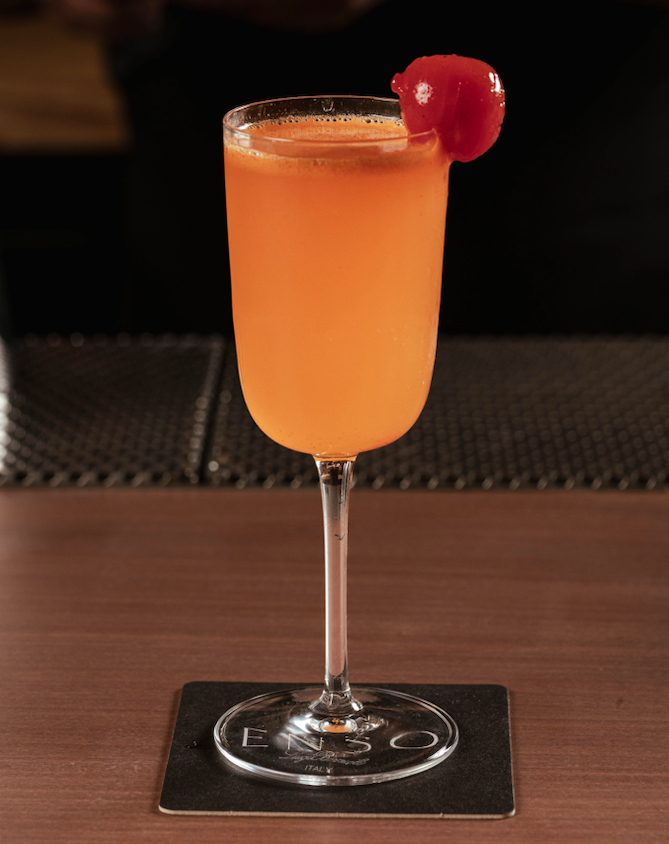 Enso offers the Tsuke Mizu, made with mezcal, tomato liqueur, yuzu-gochujang syrup, and lemon juice.