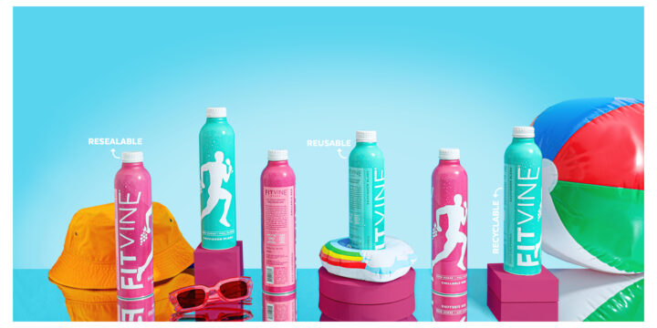 In an effort to become more sustainable, wine brands like Element[AL] and FitVine (lineup above) are switching from glass bottles, which are the largest contributor to wine’s carbon footprint, to aluminum bottles. Both brands have seen success with the new packaging.