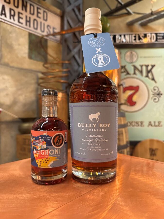 Julio's Liquors in Westborough, Massachusetts is featuring Bully Boy X Loch & K(e)y Americano Straight Whiskey (750-ml.) finished in a Negroni barrel and Bully Boy Negroni (200-ml.) as a $60 set.