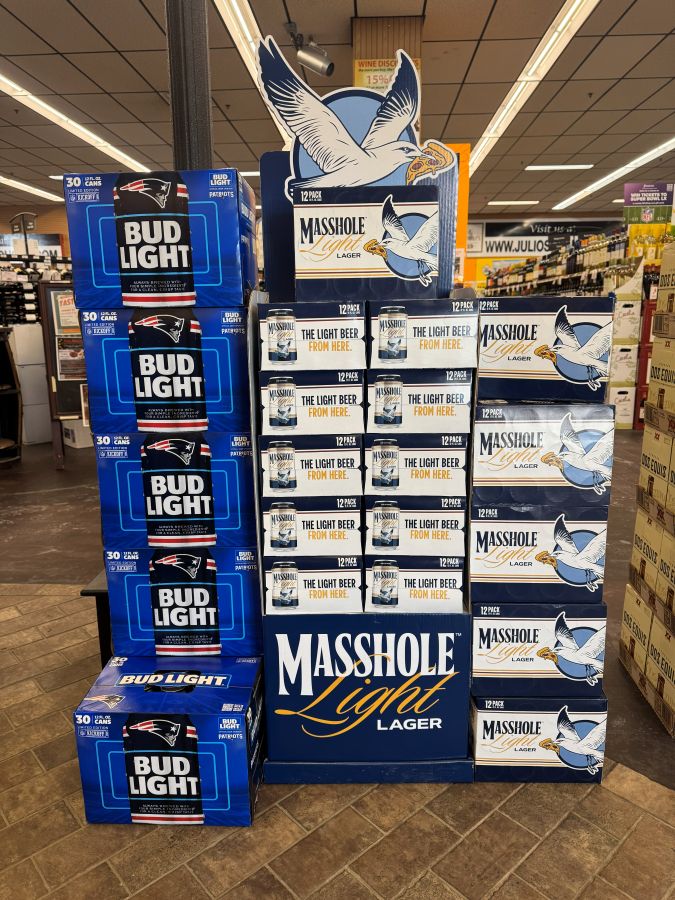 Sales of Bud Light with the Patriot’s logo and local brewer Jack’s Abby’s Masshole Light Lager are trending strong at Julio's Liquor store  in Westborough, Massachusetts heading toward Super Bowl Sunday.