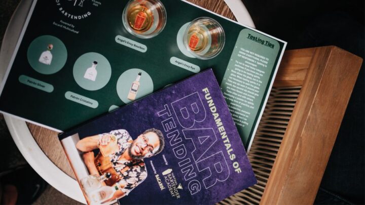 Bacardi’s Fundamentals of Bartending offers hands-on training for prospective bartenders on things like bar operations, cocktail-making, and hospitality skills (guide and classroom materials pictured).
