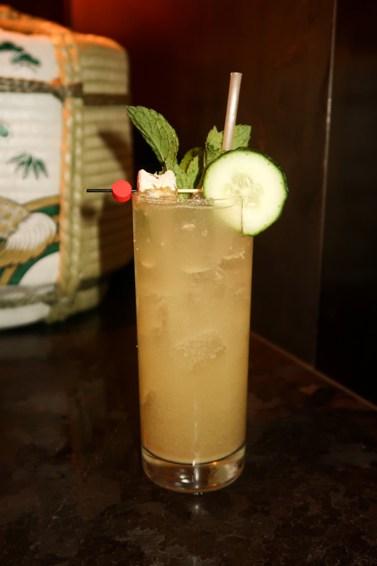 At Nomikai in Las Vegas, the Daniel Was The Villian cocktail blends wasabi with Japanese whisky, ginger liqueur, simple syrup, lemon juice, white pepper, Japanese cucumber, and sparkling hop tea.