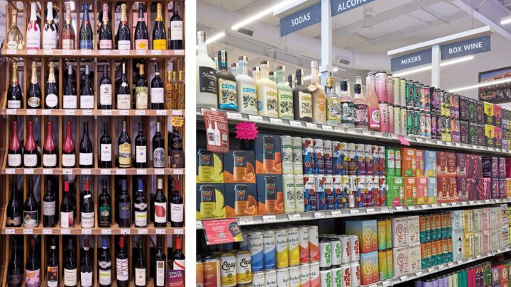 Wine (bottle display left; boxed wine aisle right above) is struggling in today’s market, and Havekost worries that there is an oversaturation of brands in the category. Micky Finn’s stocks 2,000 wine SKUs, and Havekost notes that his customers prefer chilled offerings, led by Sauvignon Blanc and Pinot Grigio.