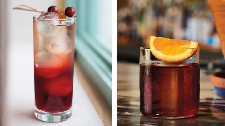 Vermouth plays well with fruit-forward ingredients in a variety of cocktails like The Sleigh My Name at PostBoy (above left) and the Claypot Negroni at Apéro (above right). Each blends vermouth like with fruit flavors.